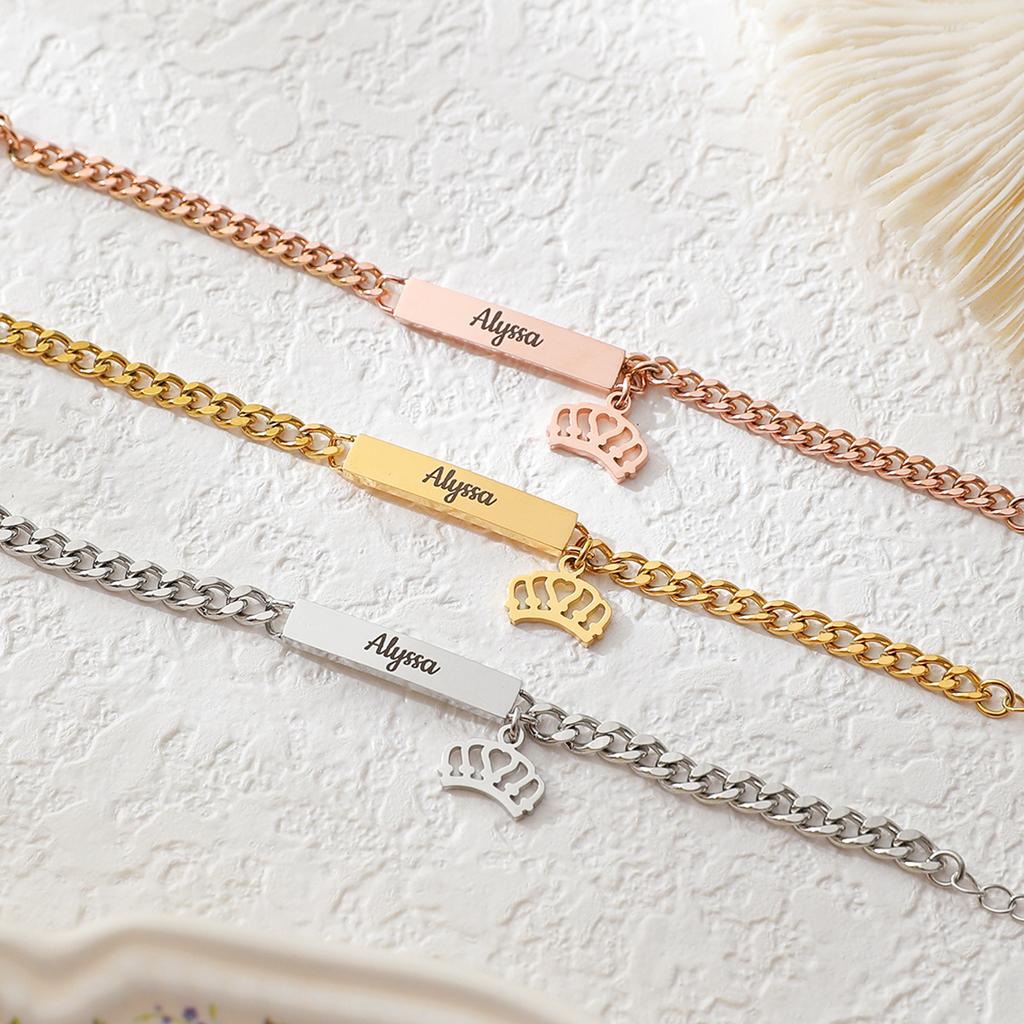 Personalized Engraved Name Crown Bracelet Trio Gold Rose Silver