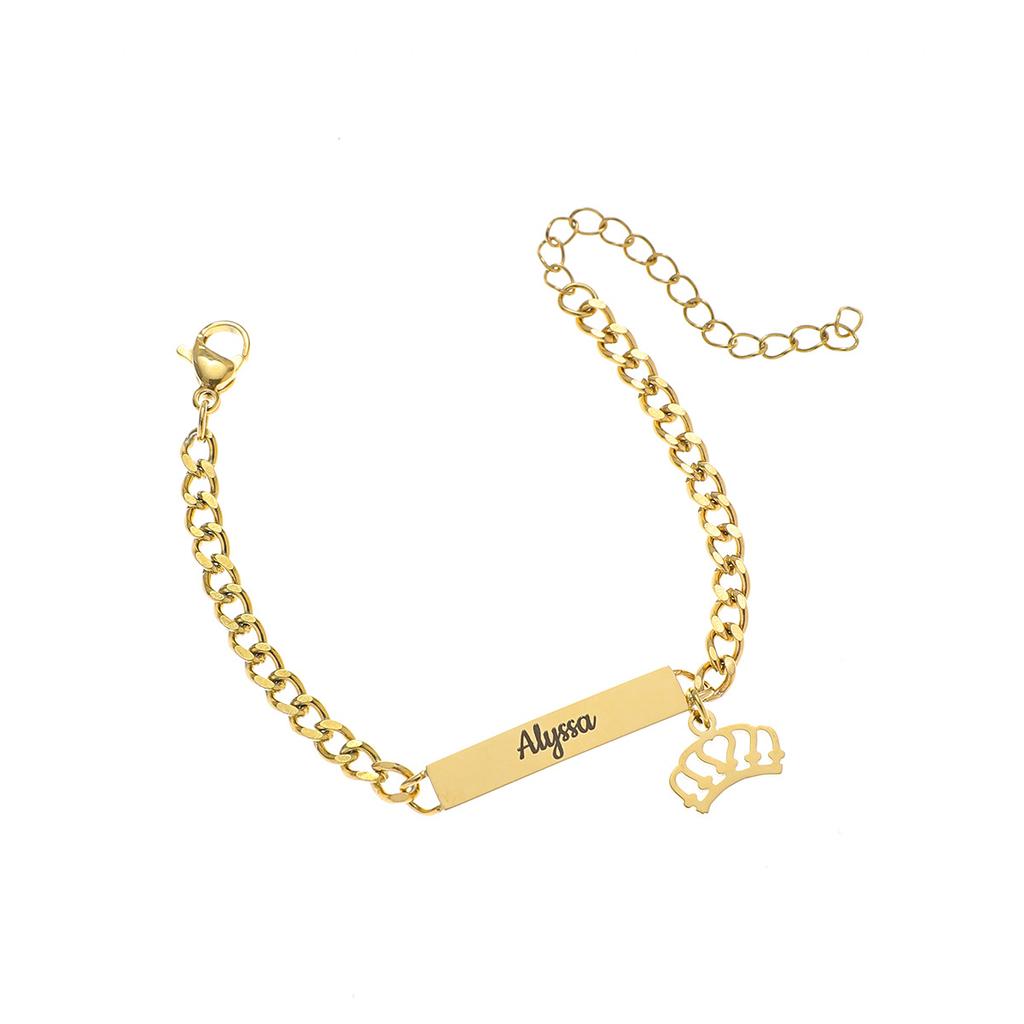 Personalized Gold Bracelet with Name and Crown Charm
