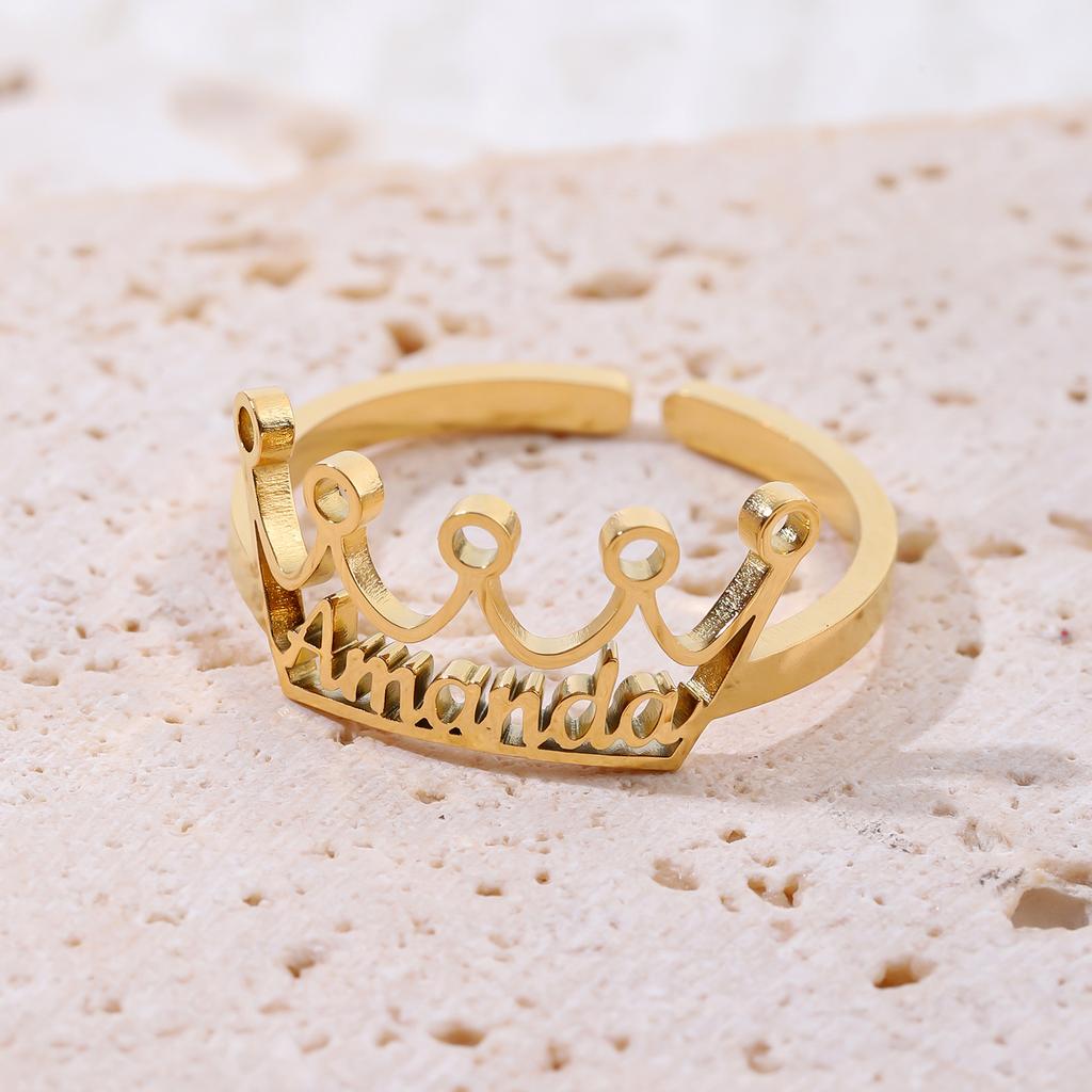 Personalized Gold Crown Ring Amanda Engraved Text