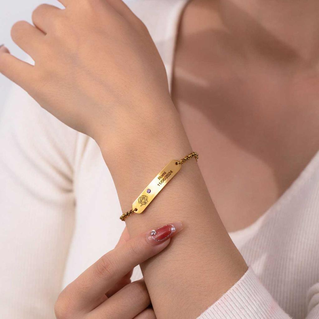 Personalized Gold Engraved Bracelet with Rose onlytext