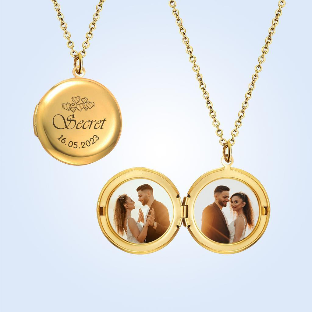 Personalized Gold Locket Necklace with Photos Hearts Date