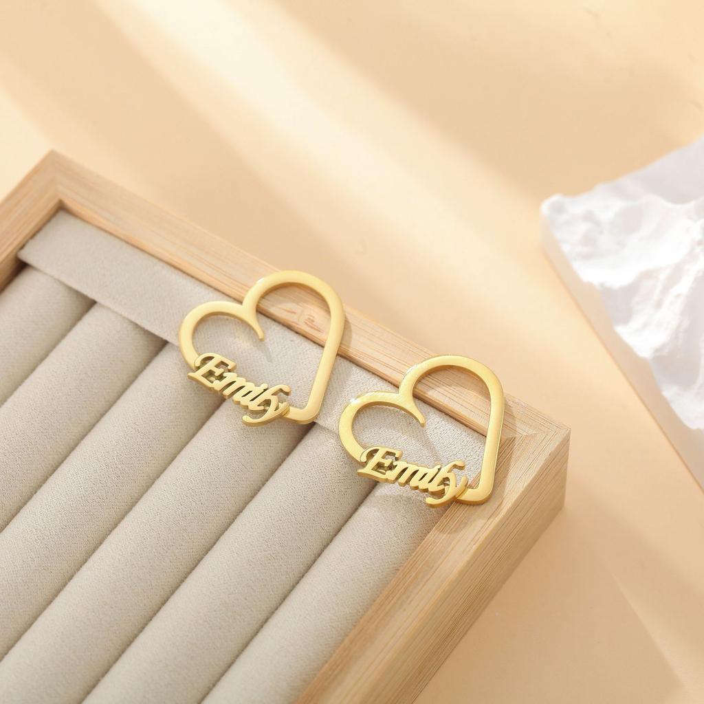 Personalized Heart Earrings with Name Emily Gold