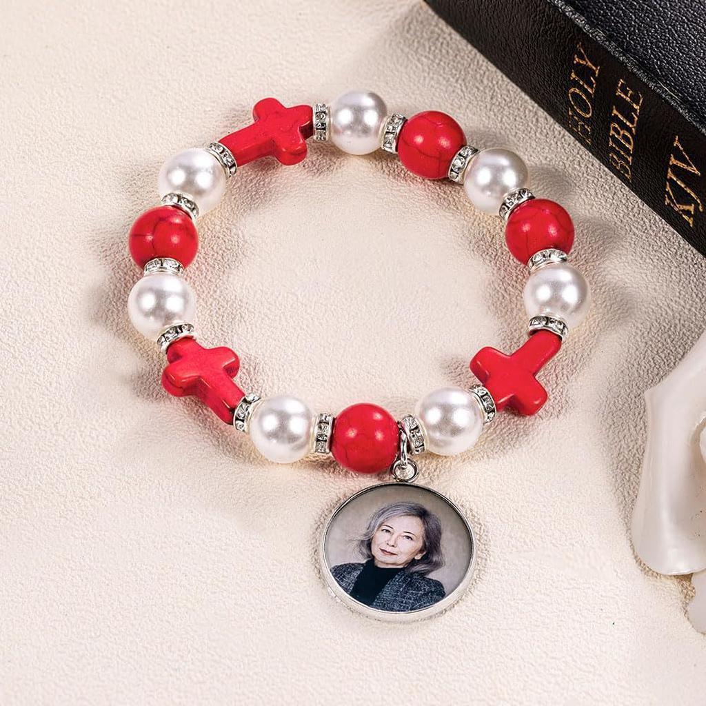 Personalized Photo Bracelet Red Beads Cross Charm