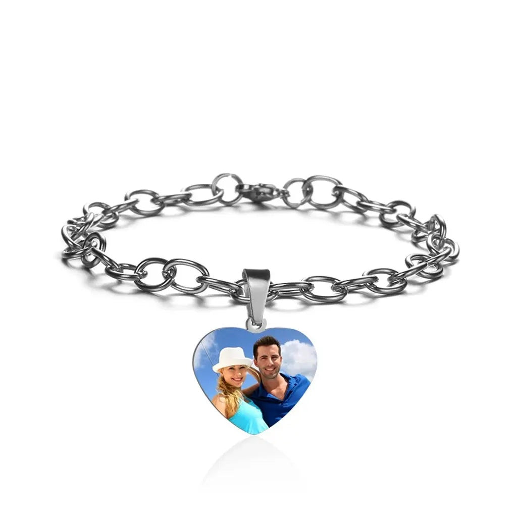 Personalized Photo Heart Charm Bracelet Couple Beach