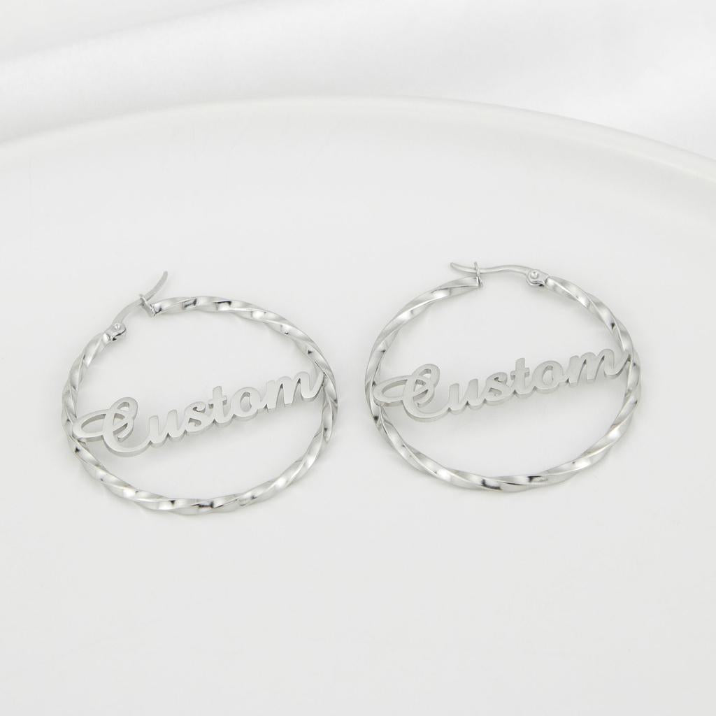 Personalized Silver Twisted Hoop Earrings Custom Text