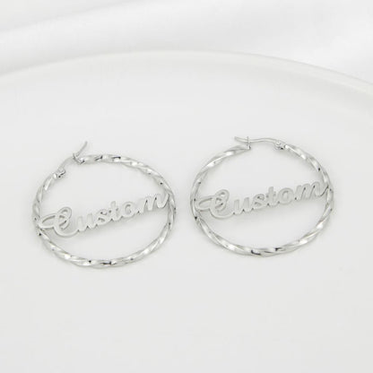 Personalized Silver Twisted Hoop Earrings Custom Text