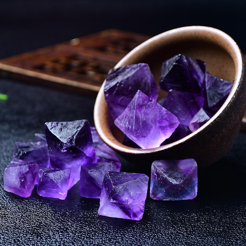 Purple Fluorite Octahedron Crystals Black Background Bowl