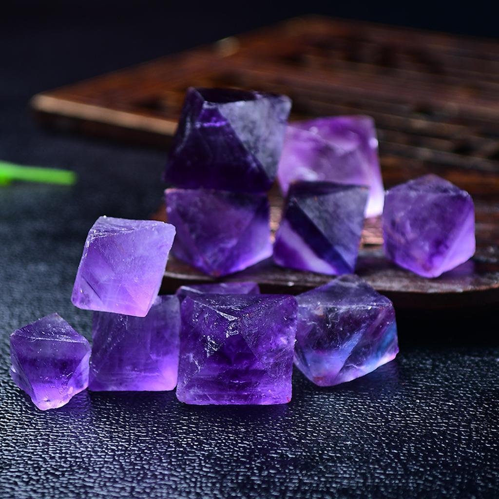 Purple Fluorite Octahedron Crystals Black Background Tray