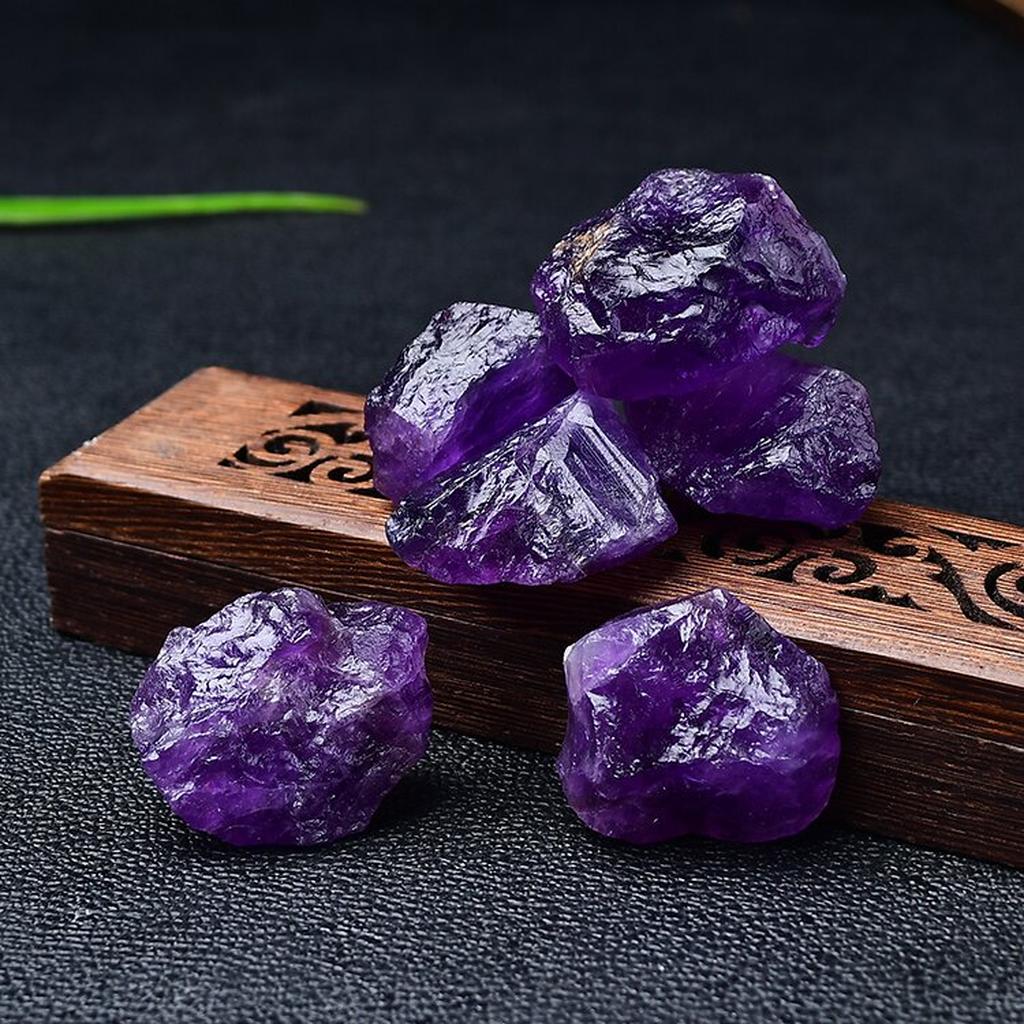 Raw Amethyst Crystal Clusters On Wooden Box