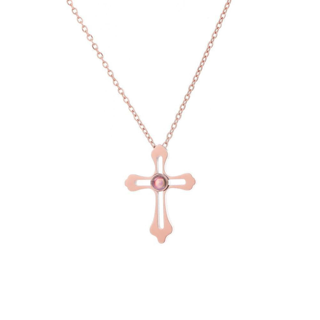 Rose Gold Cross Photo Projection Necklace