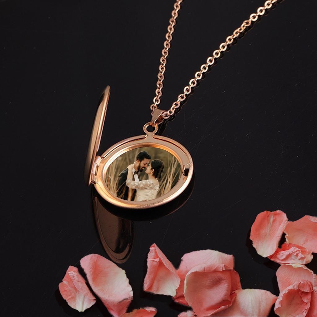 Rose Gold Personalized Photo Locket Necklace With Roses