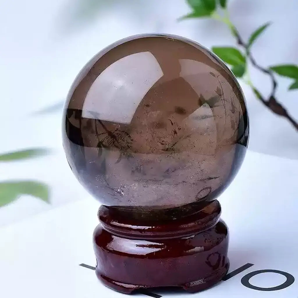 Smoky Quartz Crystal Sphere with Wooden Stand