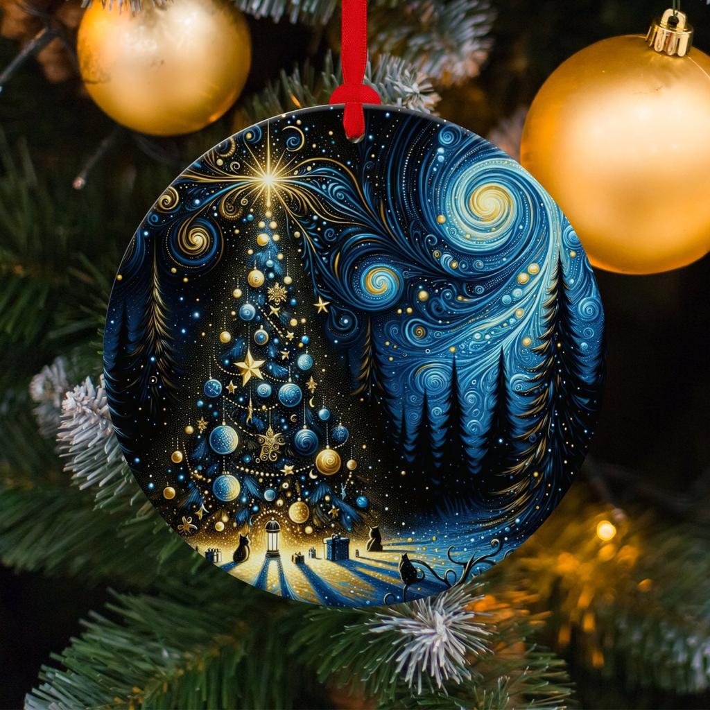 Starry Night Christmas Tree Ornament Hanging on Tree