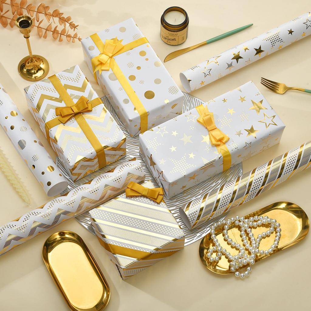 White and Gold Patterned Gift Wrapping Paper Set