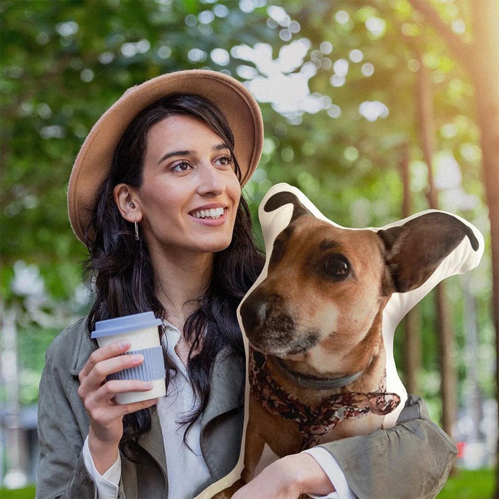 Woman Holding Custom Dog Pillow Outdoors