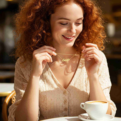 Woman Holding Personalized Name Necklace Sophia