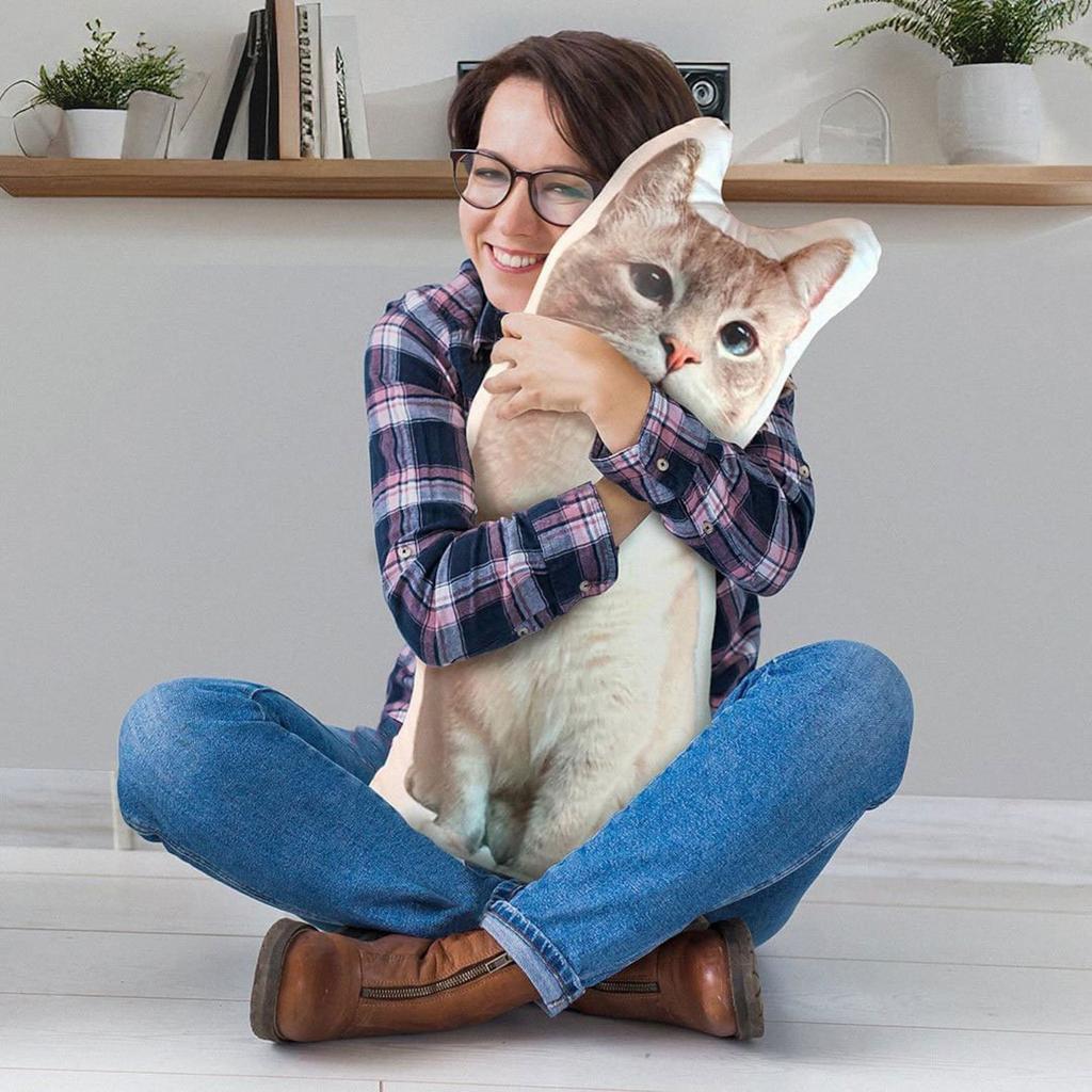 Woman Hugging Custom Cat Pillow Indoor