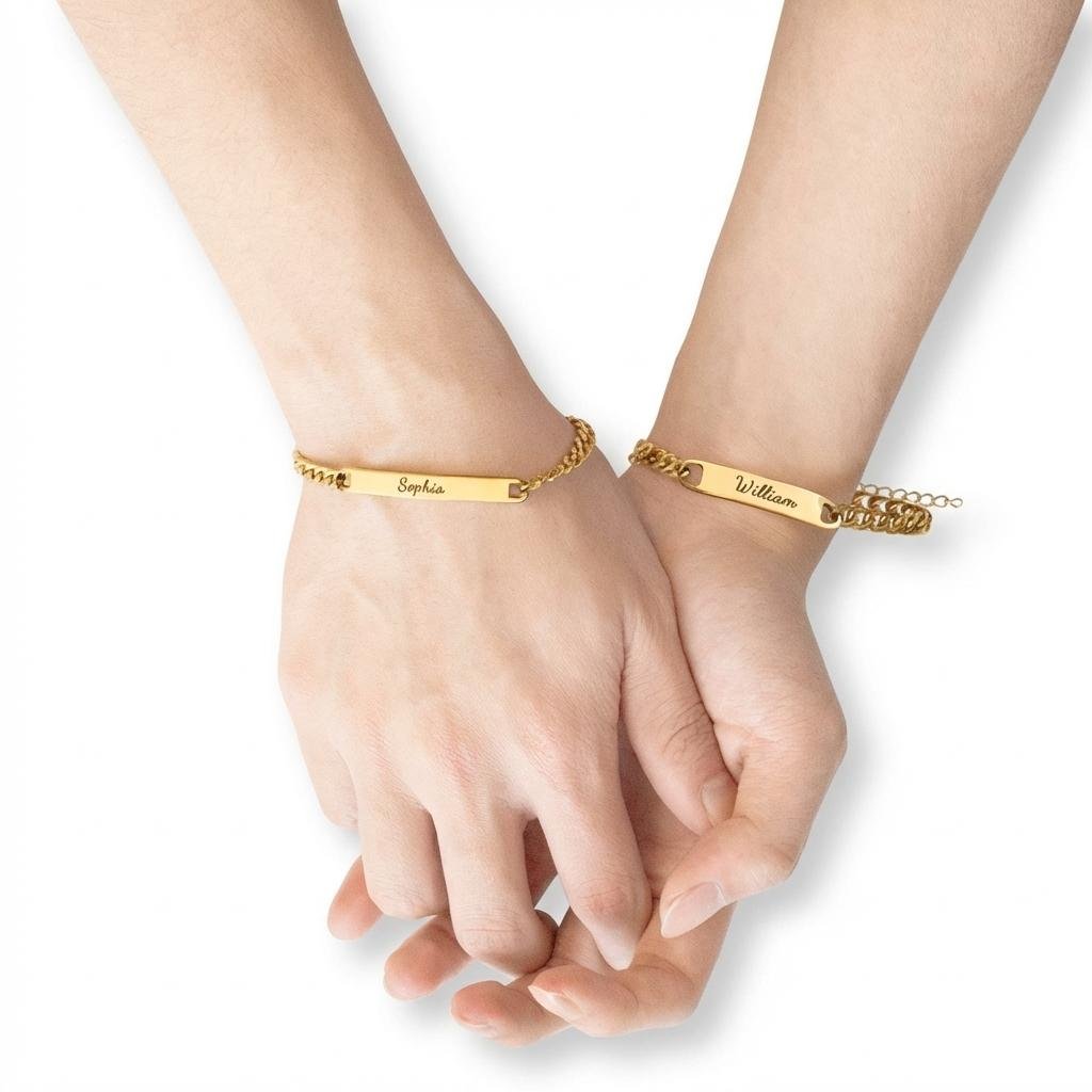 Personalized Engraved Couples Bracelet Set with Rose Box