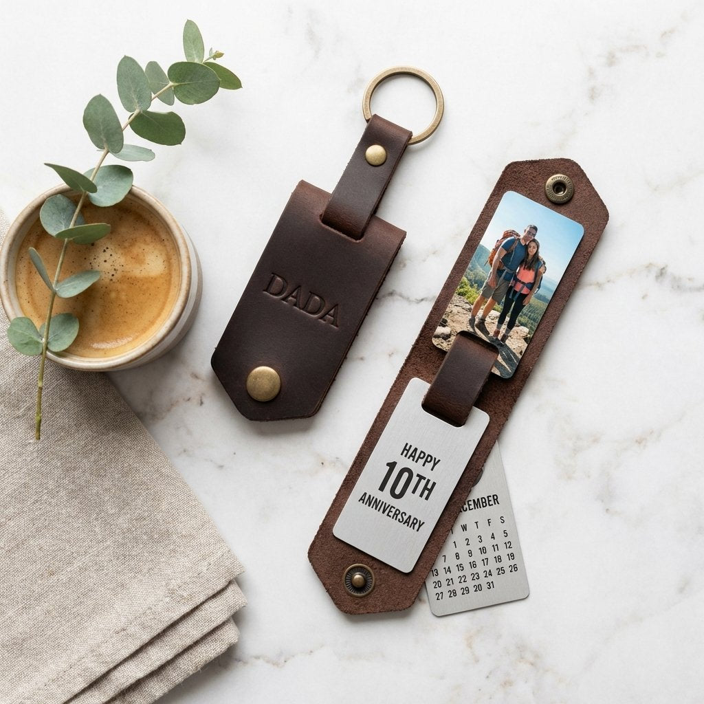 Personalized Leather Photo Keychain - Custom Anniversary Gift