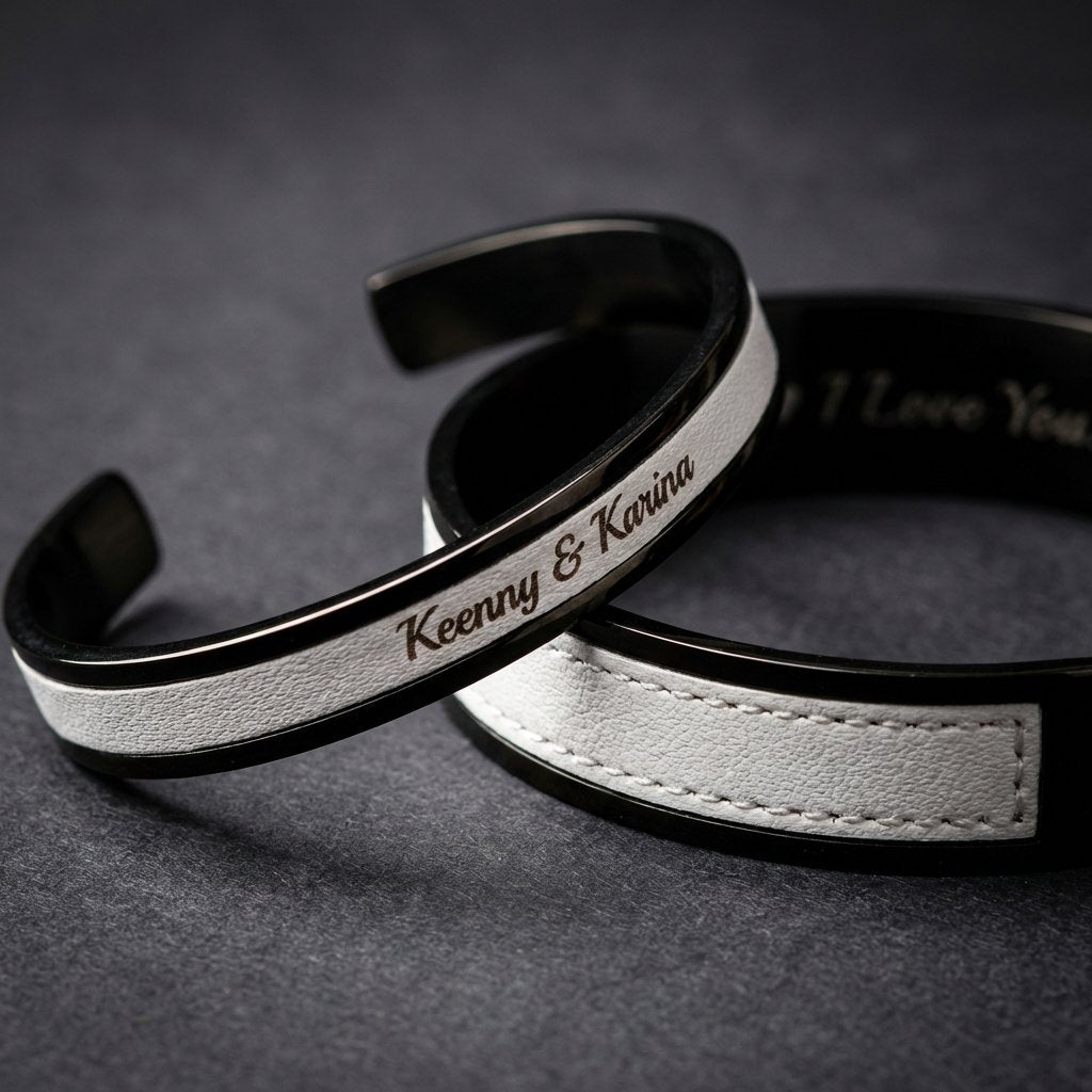 Personalized Matching Steel & Leather Anniversary Bracelets