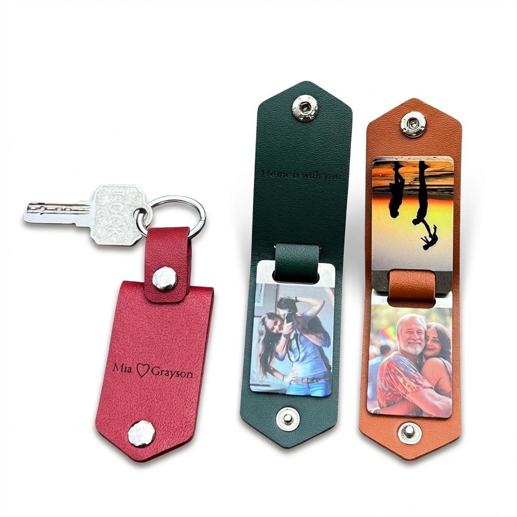 Personalized Leather Photo Keychain - Engraved Gift for Him
