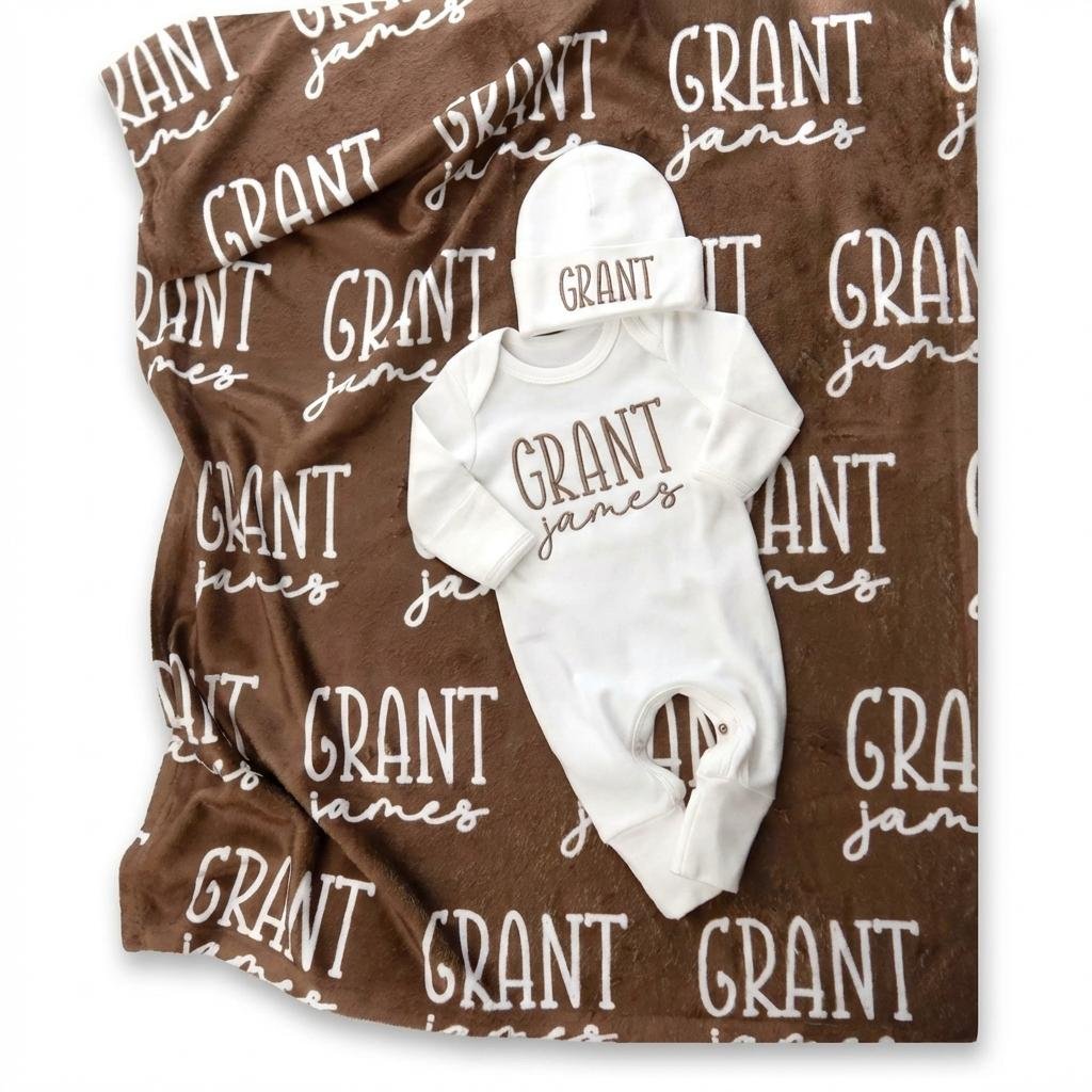 Personalized Baby Blanket and Embroidered Newborn Outfit Set