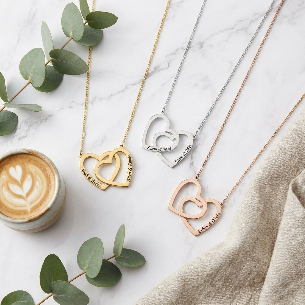 Personalized Double Heart Name Necklace - Custom Gold Jewelry