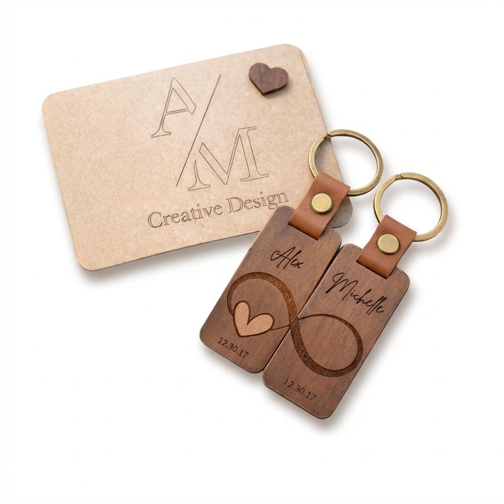 Personalized Wood & Leather Couple Keychain Set