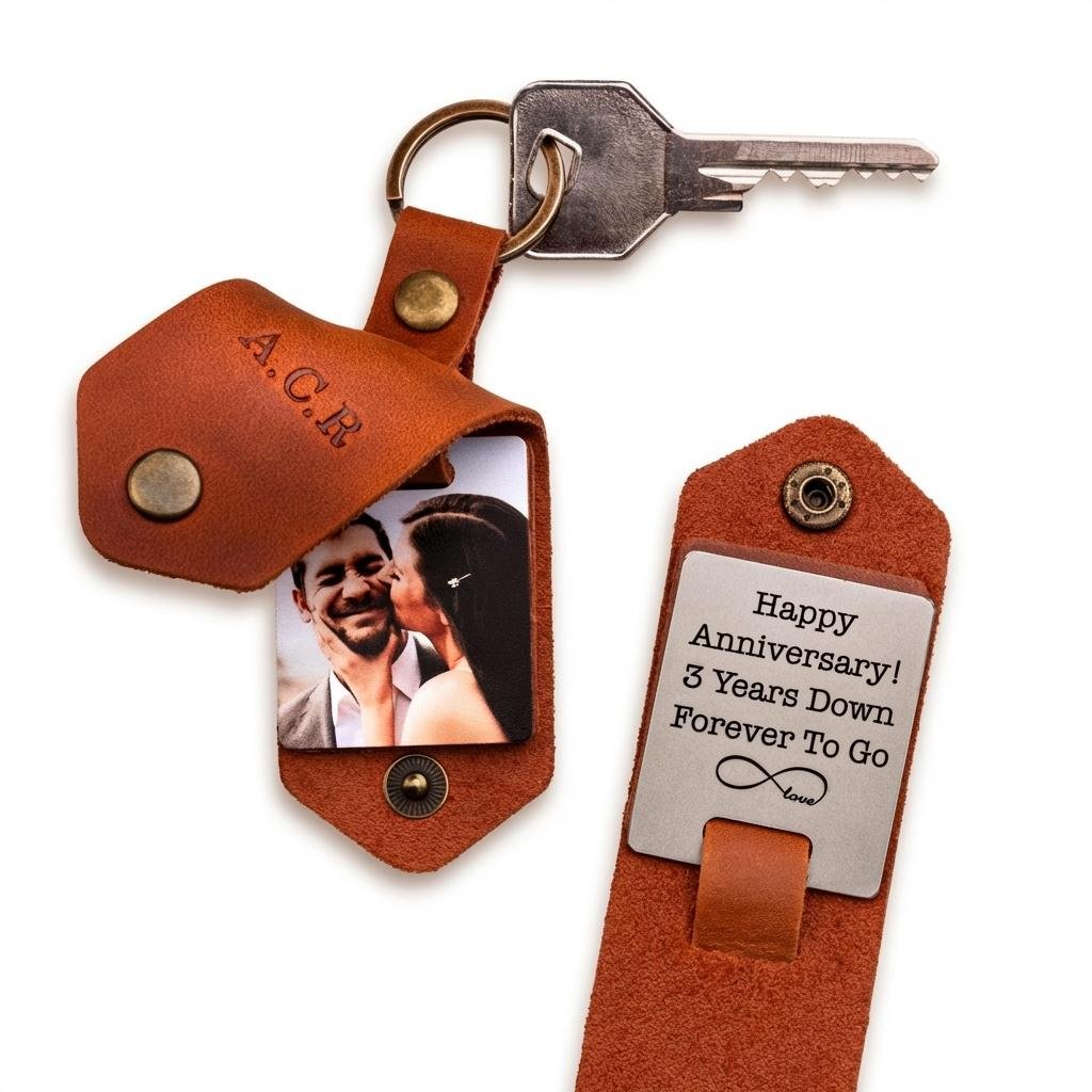 Personalized Leather Photo Keychain - 3rd Anniversary Gift
