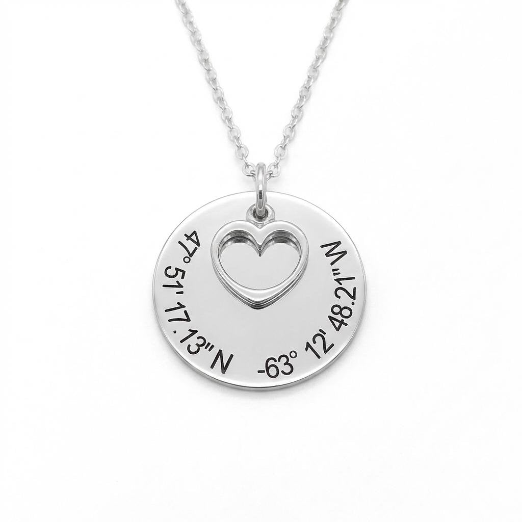 Custom GPS Coordinate Necklace with Heart Charm