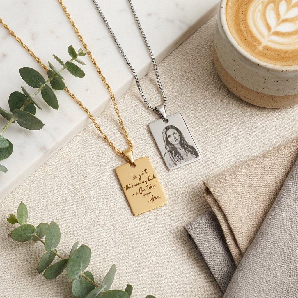 Custom Photo & Handwriting Engraved Rectangle Necklace