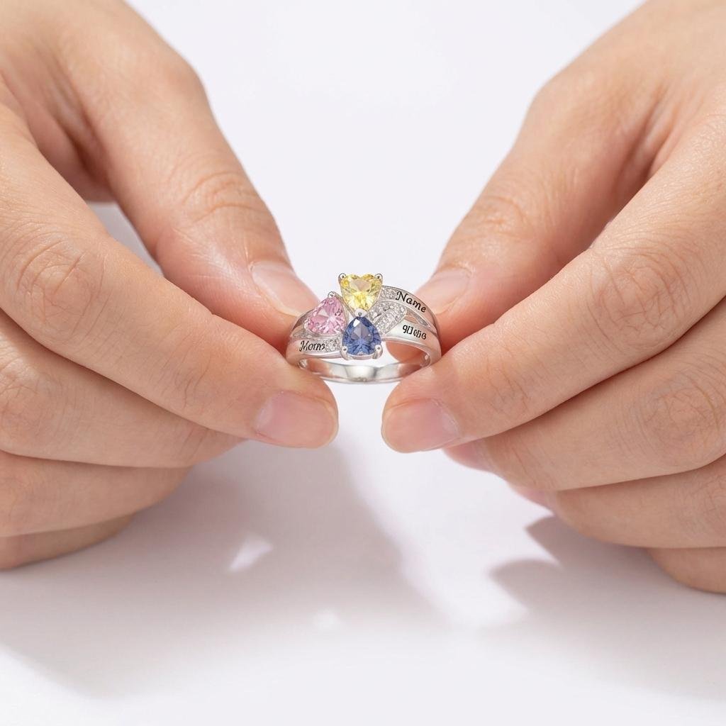 Personalized Mother Daughter Triple Heart Birthstone Ring
