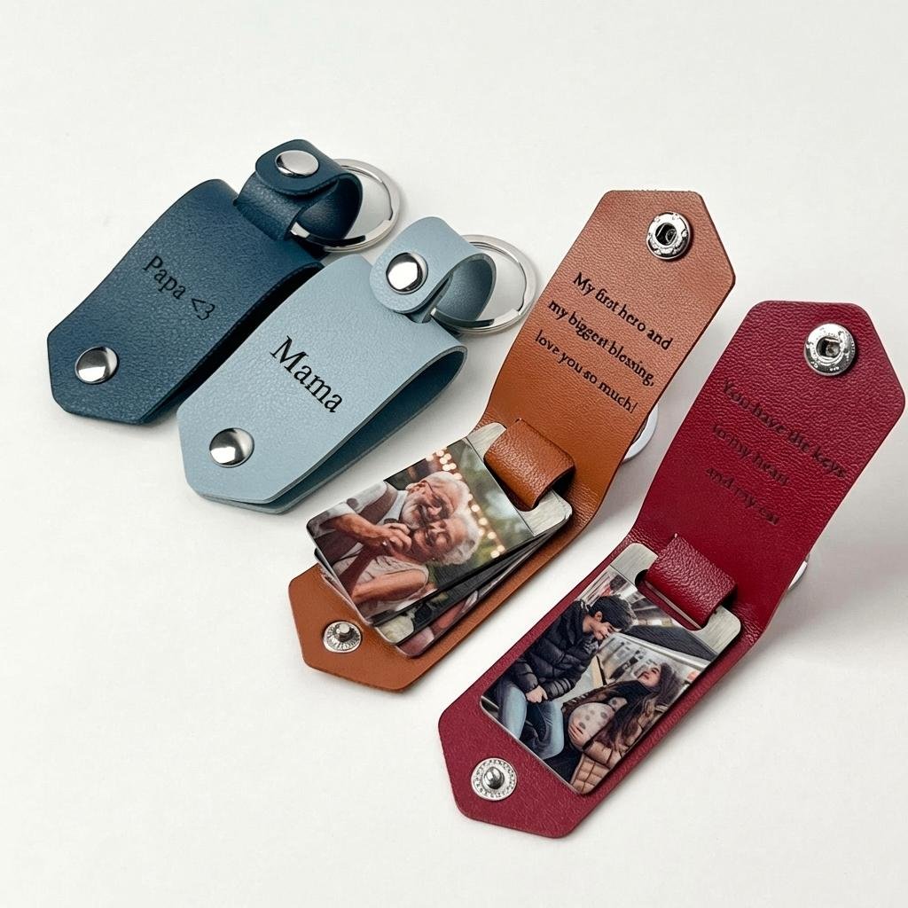 Personalized Leather Photo Keychain - Engraved Gift for Him