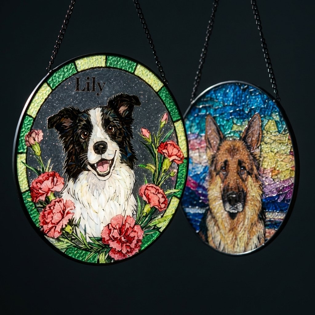 Custom Pet Portrait Stained Glass Suncatcher Birth Flower