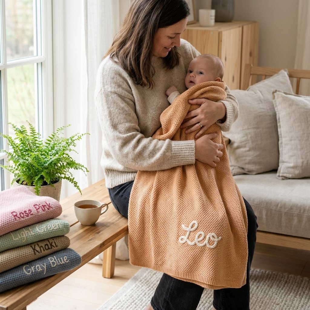 Personalized Hand-Embroidered Organic Cotton Baby Blanket
