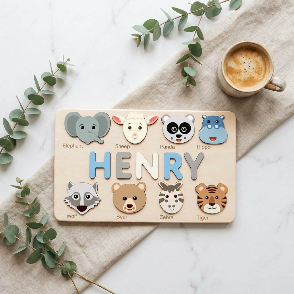 Personalized Wooden Animal Name Puzzle - Baby Gift