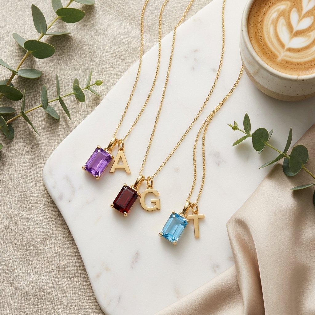 Custom Birthstone & Initial Necklace - 14k Gold Vermeil