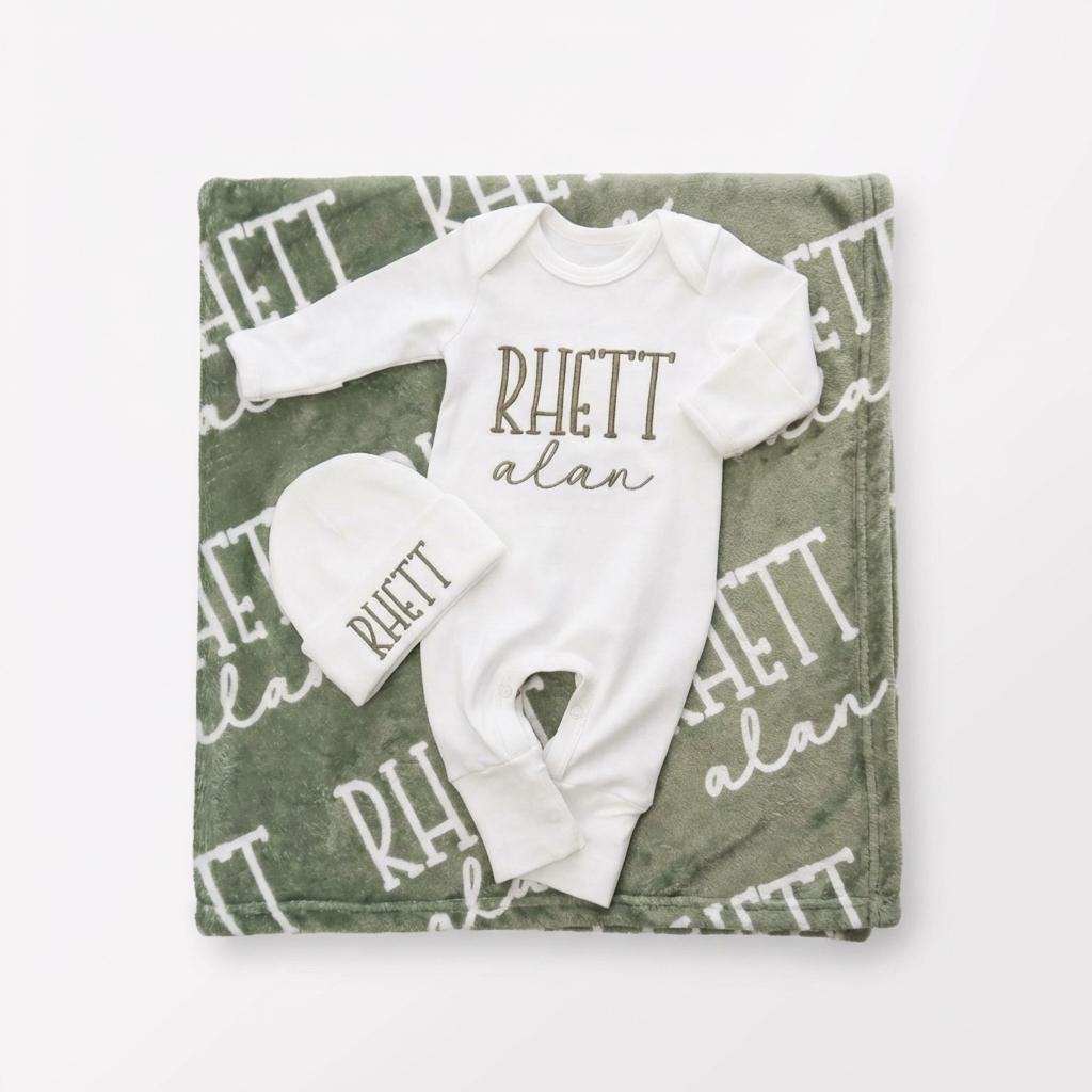 Personalized Baby Blanket and Embroidered Newborn Outfit Set