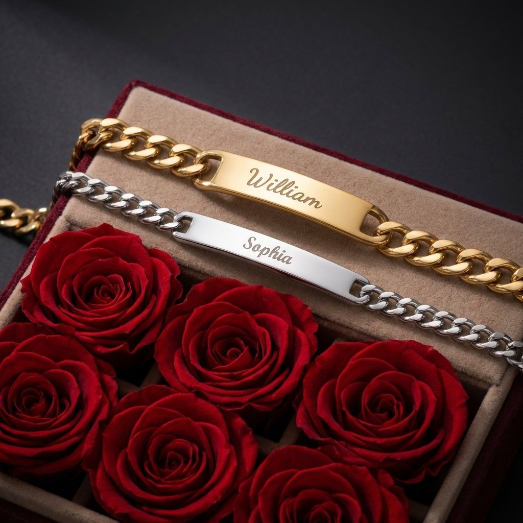 Personalized Engraved Couples Bracelet Set with Rose Box