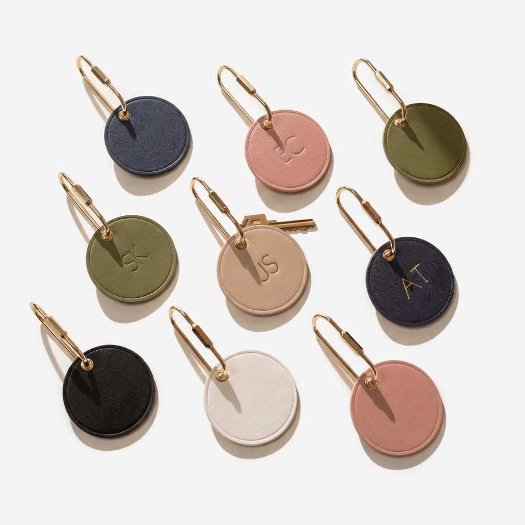 Personalized Nappa Leather Circle Keychain Monogram Tag