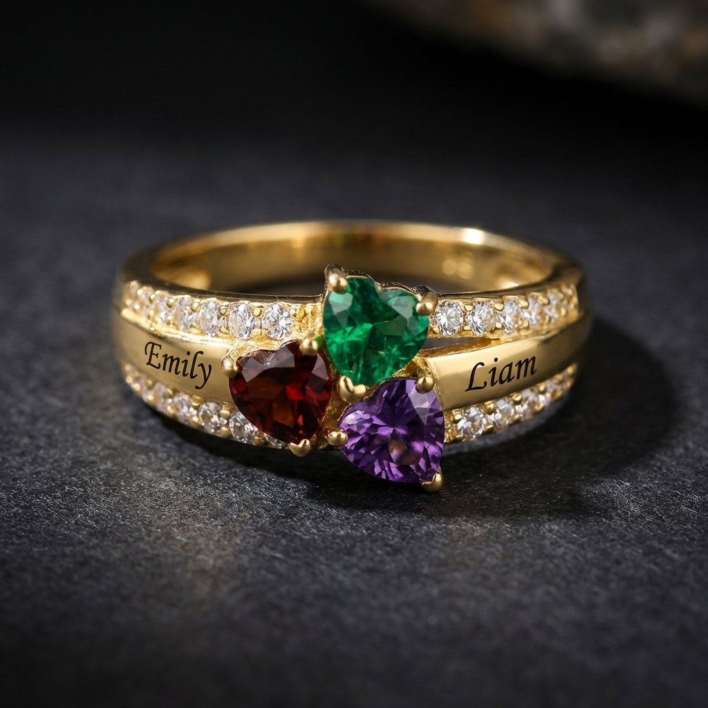Personalized Heart Birthstone Name Ring for Mothers