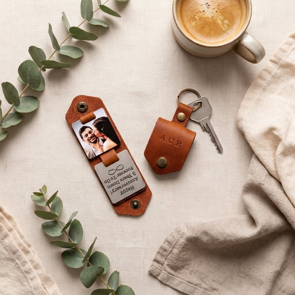 Personalized Leather Photo Keychain - 3rd Anniversary Gift