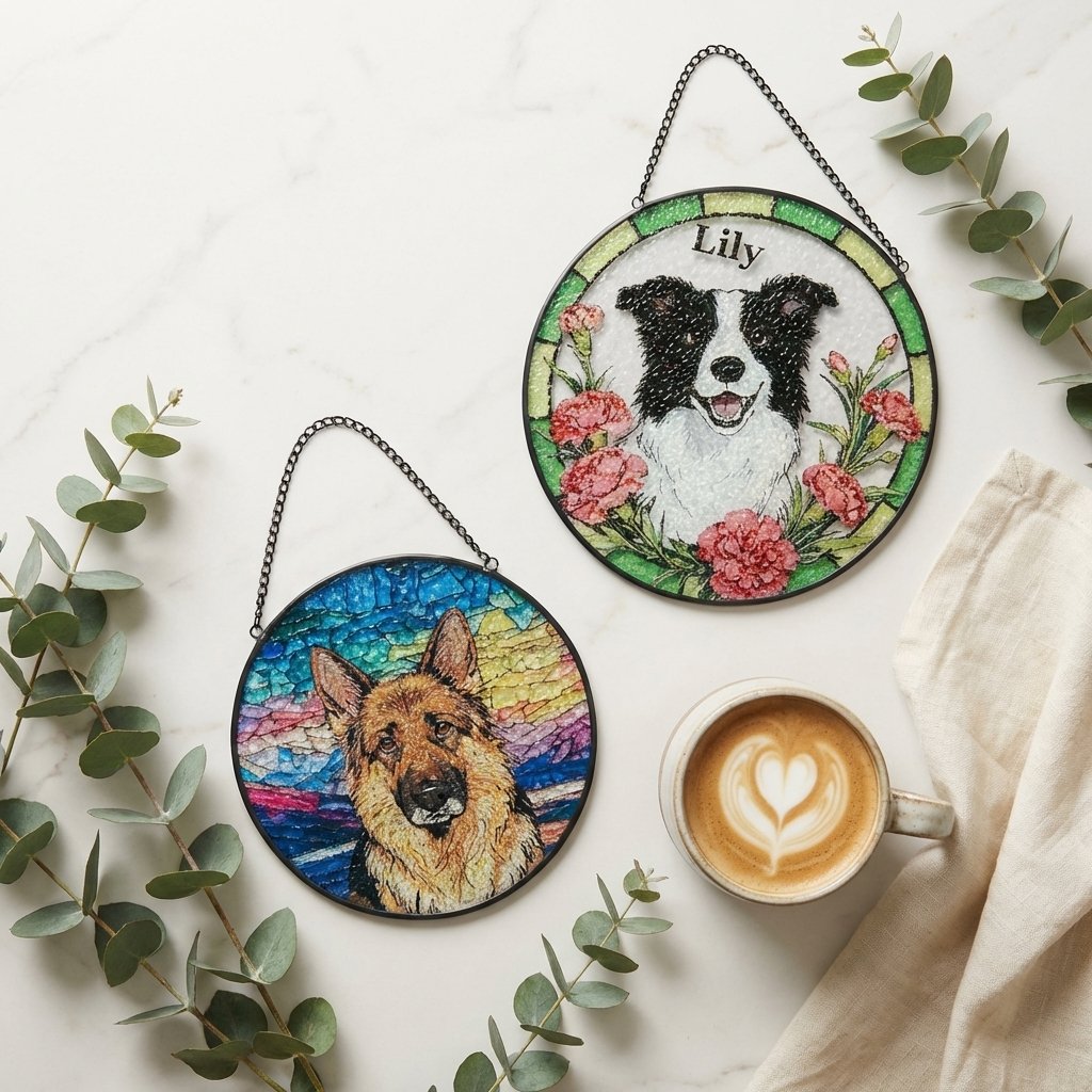 Custom Pet Portrait Stained Glass Suncatcher Birth Flower