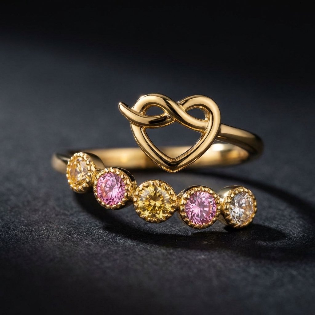 Personalized Multi-Birthstone Heart Ring - Adjustable Silver