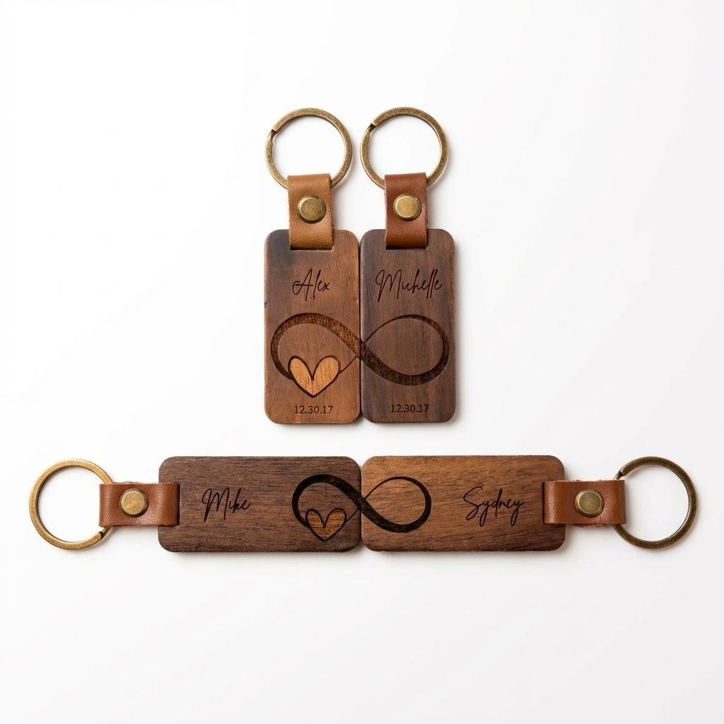 Personalized Wood & Leather Couple Keychain Set