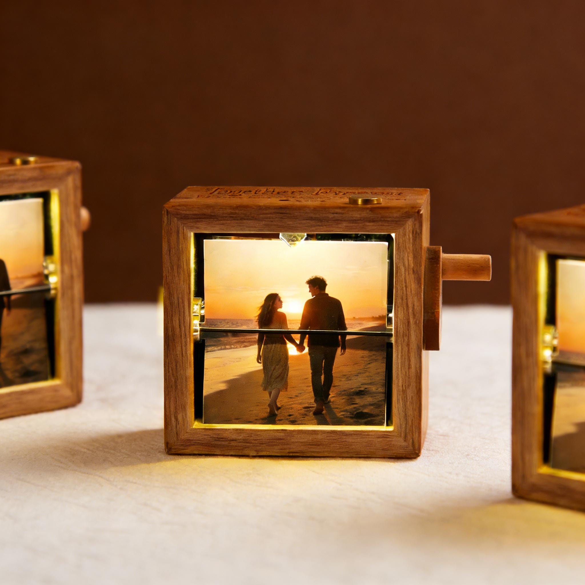 Custom Hand-Crank Wooden Flip Photo Box - Your Memories in Motion