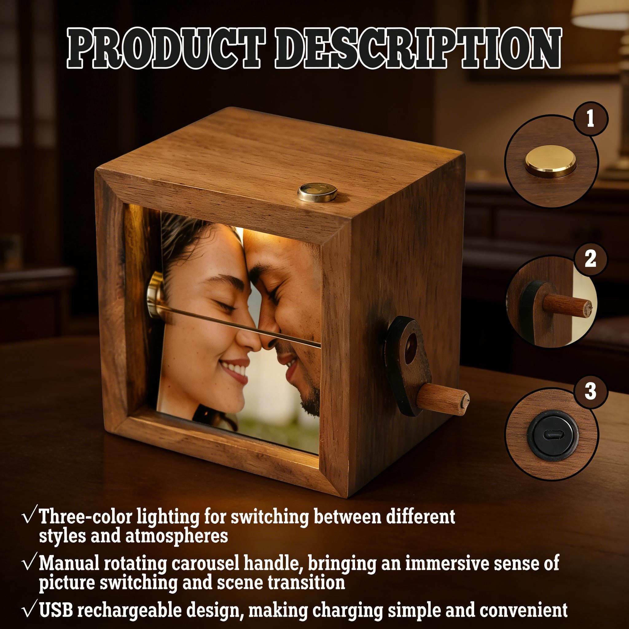 Custom Hand-Crank Wooden Flip Photo Box - Your Memories in Motion