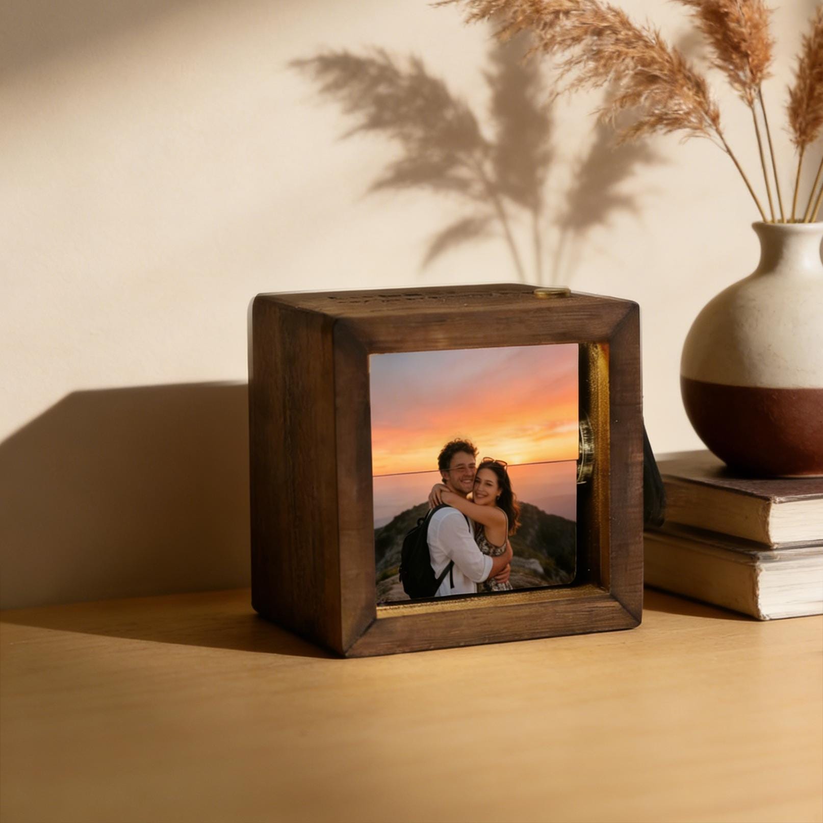 Custom Hand-Crank Wooden Flip Photo Box - Your Memories in Motion