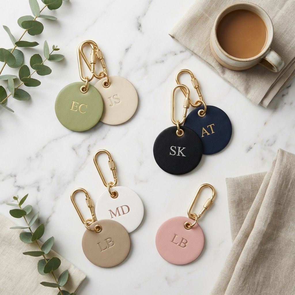 Personalized Nappa Leather Circle Keychain Monogram Tag