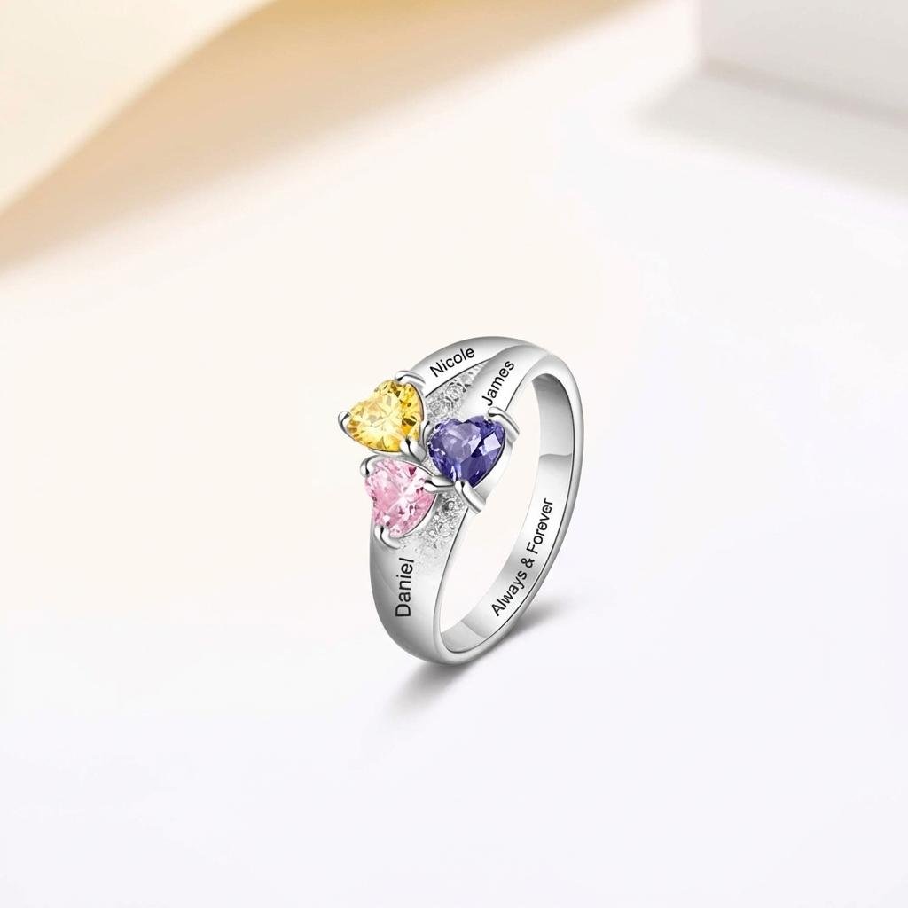 Personalized Mother Daughter Triple Heart Birthstone Ring